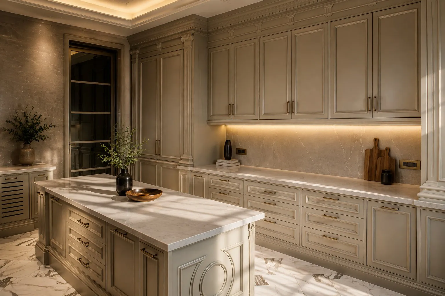 Classical kitchen with a marble island and brass hardware