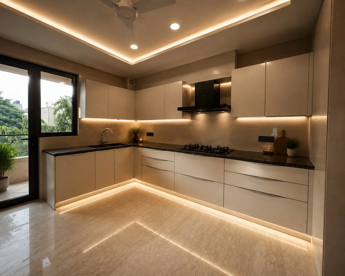 Cream handleless L-kitchen with cove lighting and a balcony door