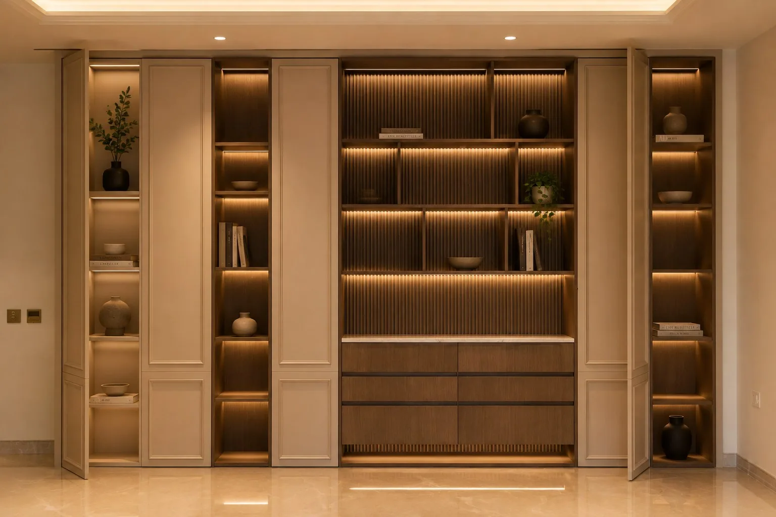 Full-height display and storage wall with lit niches