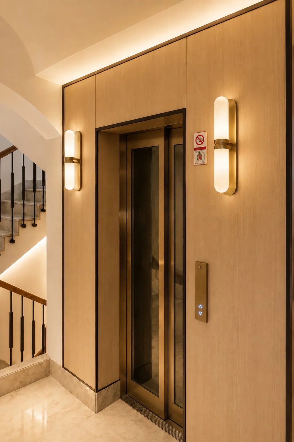 Lift lobby lined in brushed oak with brass sconces
