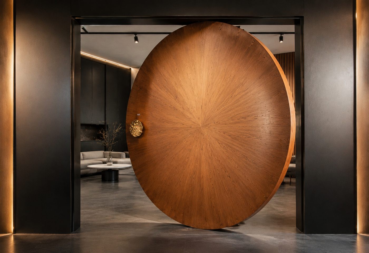 Circular pivot door in a full-height black portal