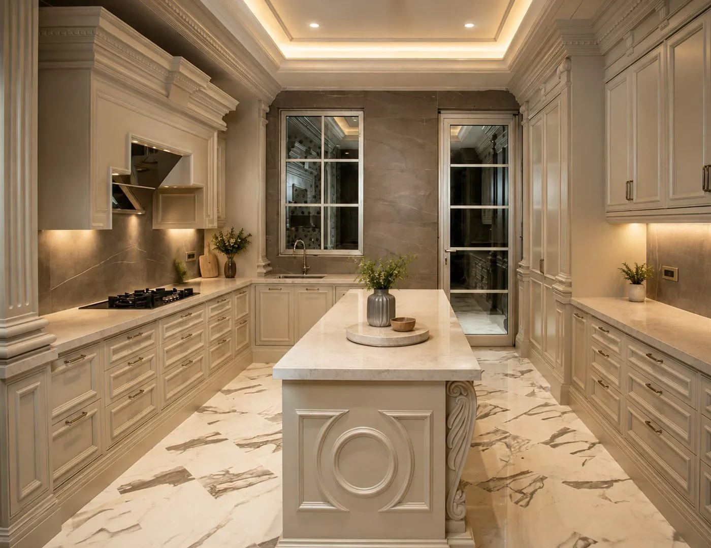 Classical kitchen with a marble-topped island