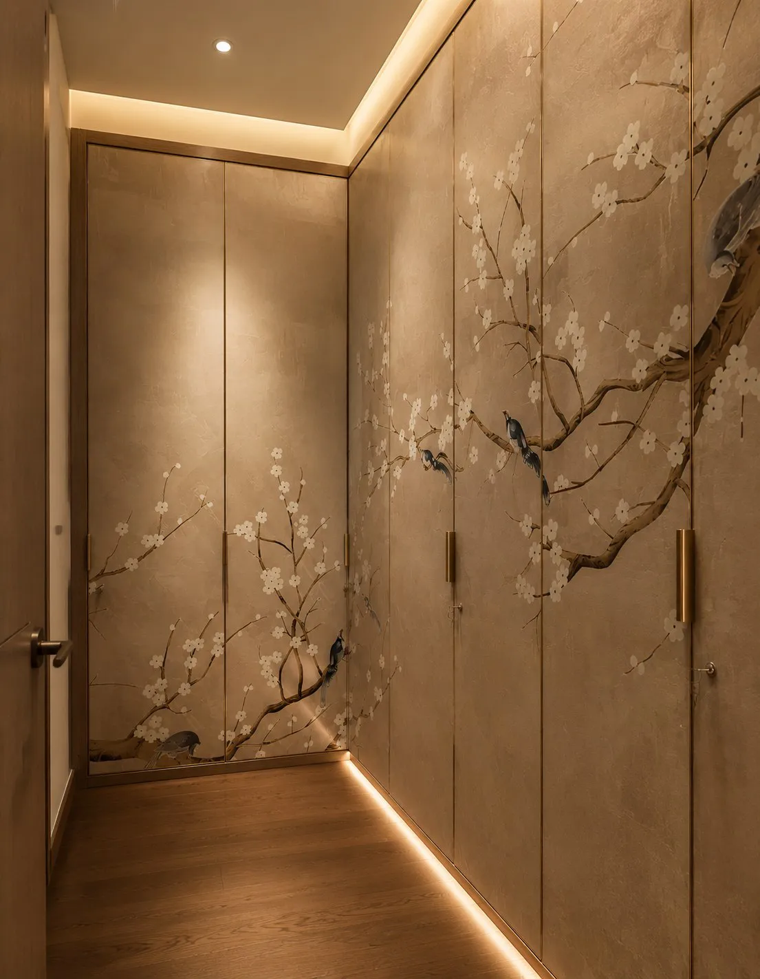 Wardrobe doors in hand-painted blossom-and-bird panels