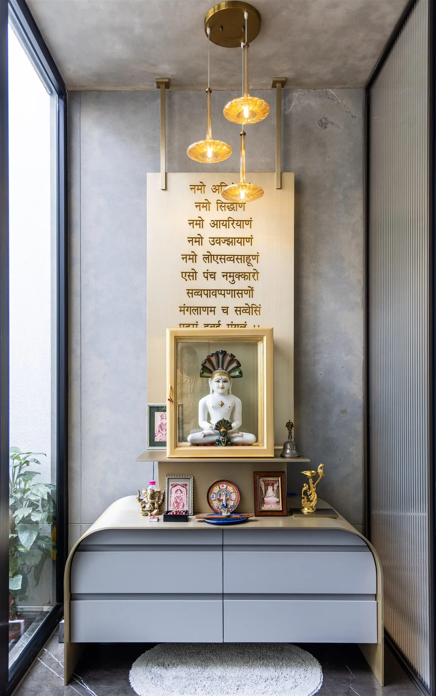 Puja unit with engraved brass panel — Gulmohar Park