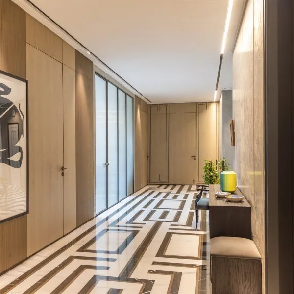 Entrance corridor with panelled joinery and inlaid marble floor — Gulmohar Park