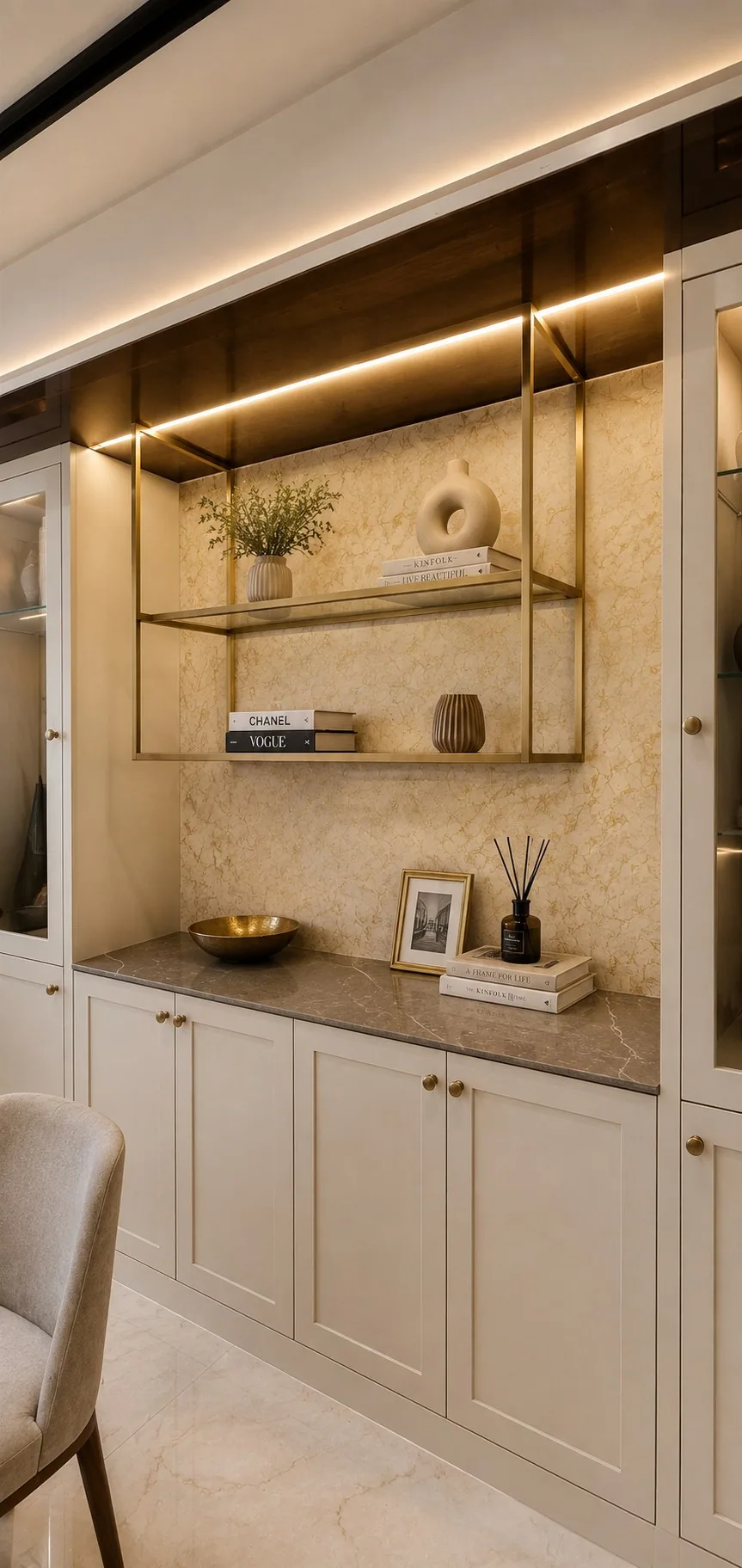 Crockery unit with brass shelf frame — Mr Mohak residence
