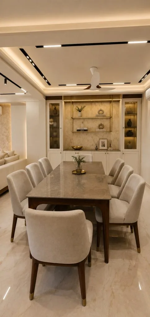 Dining room with display cabinets and brass shelving — Mr Mohak