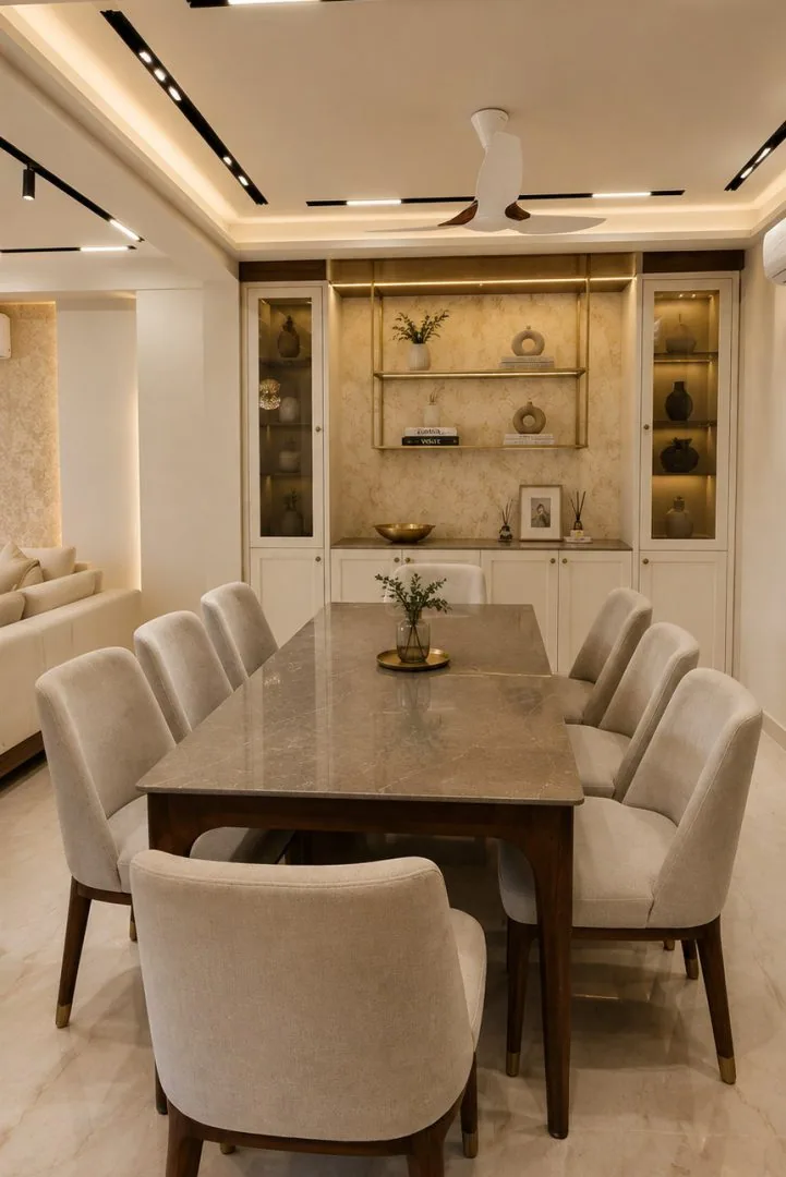 Dining room with display cabinets and brass shelving — Mr Mohak
