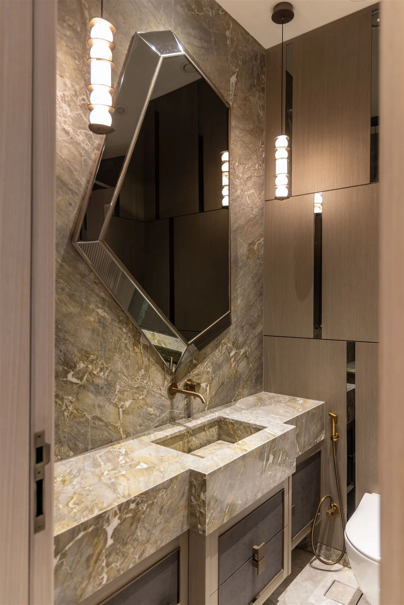 Stone vanity with faceted mirror — E-10/8 Vasant Vihar