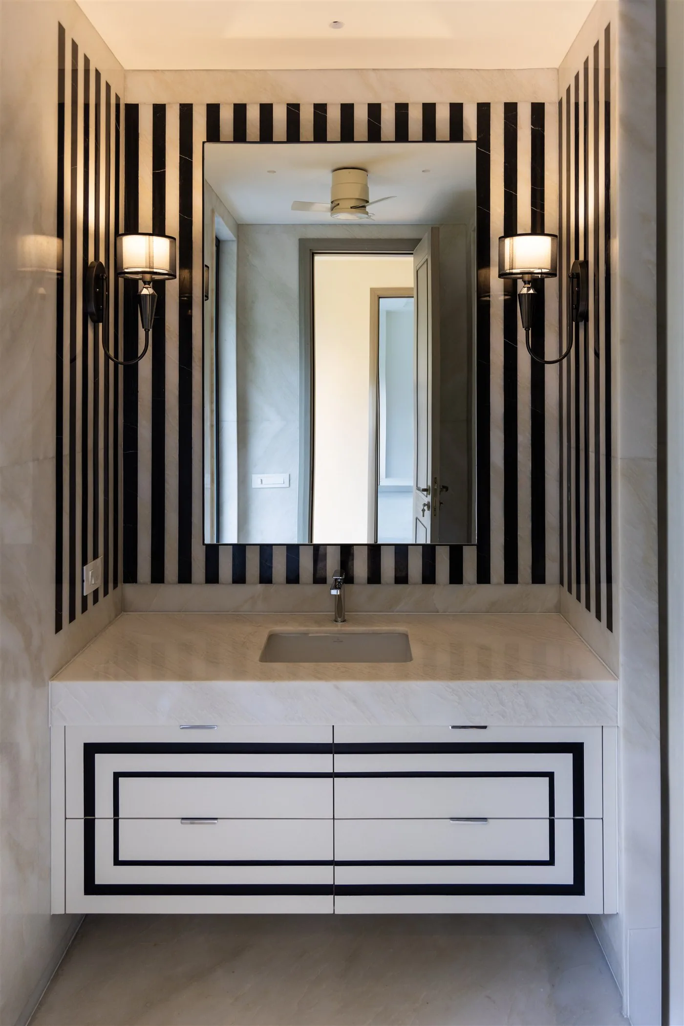 Striped marble vanity with panelled drawers — E-10/8 Vasant Vihar