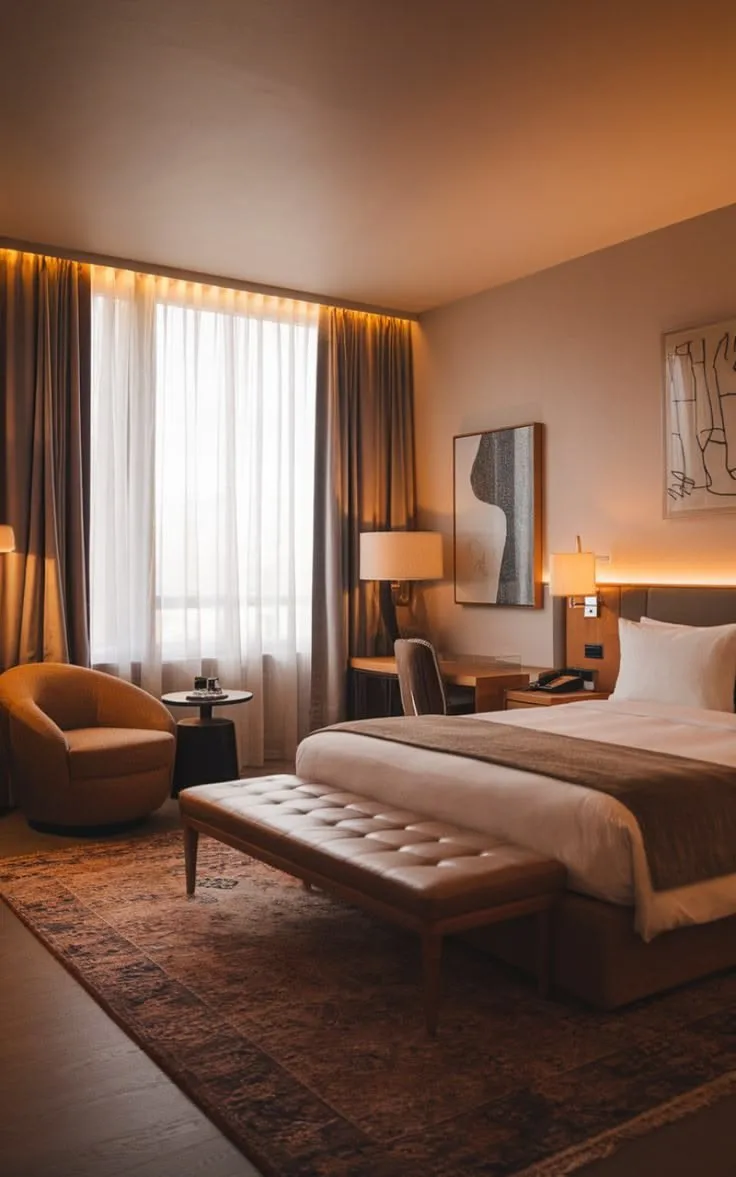 Hotel guest room with an upholstered bench and writing desk
