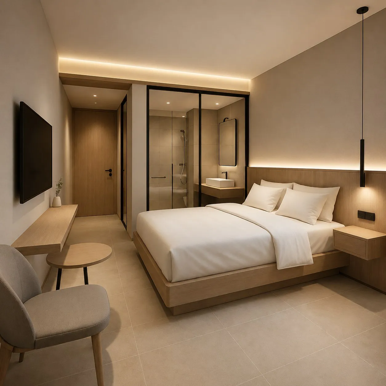 Guest room with a platform bed, panelled headboard and glazed shower room