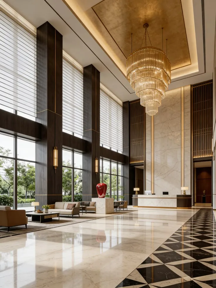Double-height hotel lobby with panelled columns and reception desk